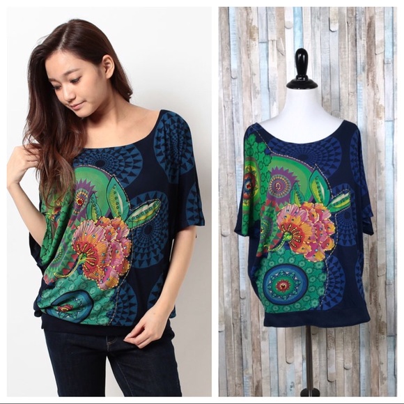 Desigual Tops - Desigual S Bright Beaded Floral Eve Dolman Tee Top